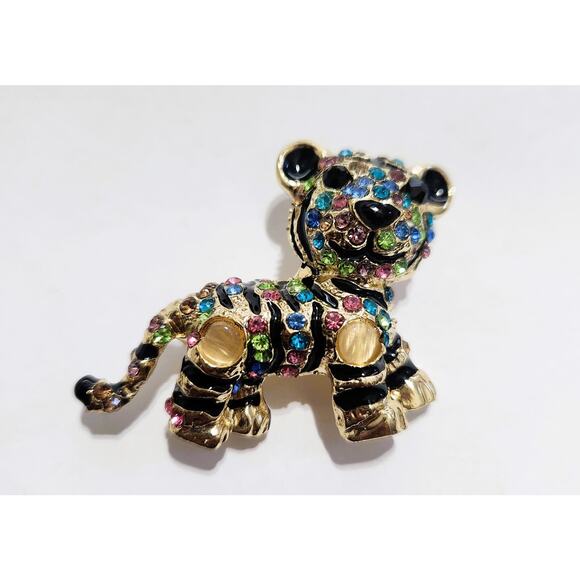 Brooch Tiger 3D Metal Gold-Tone Pin with Multicolor Rhinestones - Picture 3 of 4